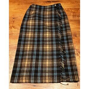 Cambridge Country Plaid Wrap Skirt Womens 12P Wool‎ Blend Fringe Side